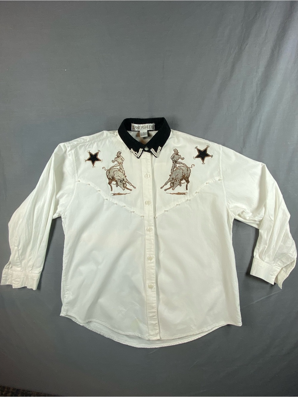 Jane Ashley White Western Button-Down Shirt with Black Collar with pearl accents